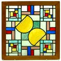  Vitrica glas-in-loodraam opgebouwd uit ruitjes met tincraquelé wit en antimooncraquelé zwart op geel donker- en lichtblauw paars lila groen rood oranje helder wit glas ontwerp A.D.Copier ca.1928 uitvoering Glasfabriek Leerdam 