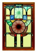  Vitrica glas-in-loodraam opgebouwd uit ruitjes met tincraquelé wit en antimooncraquelé zwart op geel donker- en lichtblauw paars lila groen rood oranje helder wit glas ontwerp A.D.Copier ca.1928 uitvoering Glasfabriek Leerdam 