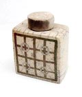  Raku fired vase with cover with geometrical glazed pattern on front design execution unknown the Netherlands ca.1980 