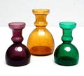  Three Etruska glass vases purple 12,6 cm green 12,6 cm and brown 15,4 cm design Floris Meydam 1974 executed by Glasfabriek Leerdam / the Netherlands 