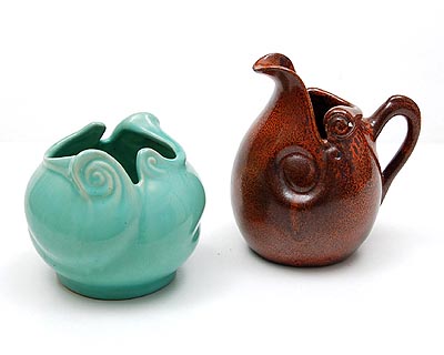 Green glazed earthenware vase Schoonhoven height 9,7 cm and spotted glazed jug Plazuid height 13,1 cm the Netherlands ca.1935 