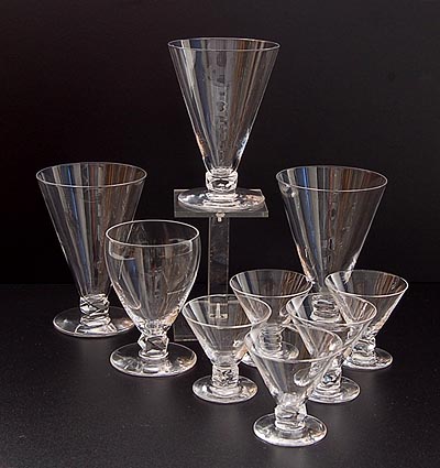 Clear glass coupes Libourne 1x white-wine- 9,6 cm 3x bourgogne- 12 cm 5x shotglass 5,8 cm design Gerard Muller Amsterdam / the Netherlands ca.1920 executed by Josephinenhütte Schreiberhau / Bohemia 