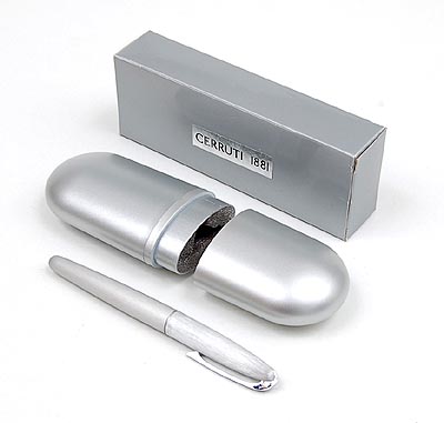 Brushed metal Cerruti 1881 roller ball-pen in original box design Nino Cerruti executed by Plastoria SA Italy 