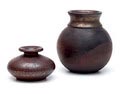 Brown iridised glazed vases 2x height's 10,2 4,8 cm design Joke Stroes executed by Mobach Utrecht / the Netherlands ca.1980 