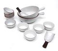 Two grey glazed peanutsets with 2 large bowls 10 dishes and two spoons ontwerp Willem de Vries uitvoering Fris / Edam the Netherlands 1954 