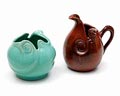 Green glazed earthenware vase Schoonhoven height 9,7 cm and spotted glazed jug Plazuid height 13,1 cm the Netherlands ca.1935 