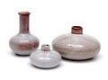 Spickled grey glazed vases 3x resp height's 12,2 / 8,6 5,6 cm executed by Westraven / the Netherlands ca.1960 