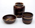 With horizontal stripes glazed earthenware vase height 17,2 cm bowl diam 16,5 cm pot diam 12 cm executed by Zaalberg / the Netherlands ca.1970 