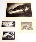 Litho's 2x a woodcuts 2x design executed by Jan Schonk / the Netherlands 1925-'30 Litho Avond op de Veluwe 52 x 36 cm Litho Muis 1929 15,5 x 20 cm Houtsnede De plas1928 12 x 15 cm Houtsnede Liggende ree 1927 15 x 21,5cm 