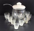Half frosted glass Sonoor bowlstel with 8 glasses with black glass handles and with bowl-spoon design A.D.Copier 1935 executed by Glasfabriek Leerdam / the Netherlands 