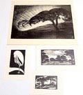 Litho 1x houtsnedes 3x ontwerp uitvoering Jan Schonk 1925-'30 Litho Avond op de Veluwe 52 x 36 cm Houtsnede Wolfheze 1926 13 x 25 cm Houtsnede Ooievaar 1924 15,5 x 20 cm Houtsnede Bilderberg - 1926 9,5 x 15,5 cm 