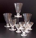 Clear glass coupes Libourne 1x white-wine- 9,6 cm 3x bourgogne- 12 cm 5x shotglass 5,8 cm design Gerard Muller Amsterdam / the Netherlands ca.1920 executed by Josephinenhütte Schreiberhau / Bohemia 