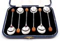 Mocca-spoons with coffee beans on top 6x executed by  EPNS  / UK ca.1935 in original cassette 