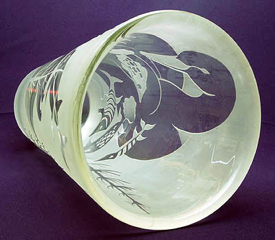 Large clear glass vase with sandblasted decoration of bird and fishes design A.D.Copier ca.1938 executed by Leerdam / Holland Dish with identical decoration in collection of the Cleveland Museum Ohio USA 