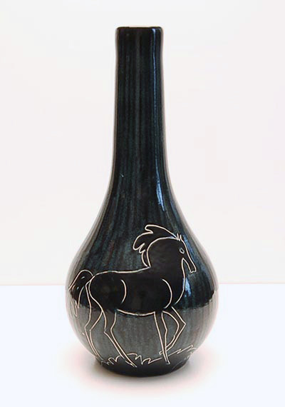 Dark green earthenware vase with decoration of horse design executed by de Gats ca.1950 the Netherlands 