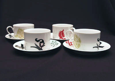 4 cups saucers Renaissance design Ettore Sottsass 1986 executed by Swid Powell / USA 