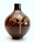 Polychrome earthenware vase dark green with yellow and brown lines design Willem van Norden ca.1915 painter Nieuwenhuis executed by Distel Amsterdam / the Netherlands 