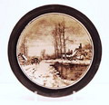 Polychroom aardewerk wandbord met voorstelling van boerenlandschap geschilderd naar L.Apol uitvoering Rozenburg Den Haag 1893 jaarletter K 