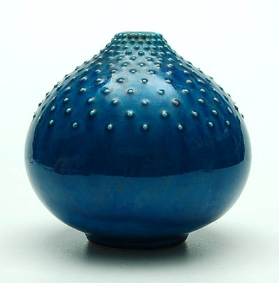  Blue glazed earthenware vase with spickle relief-decoration executed by Knabstrup Denmark ca.1960 