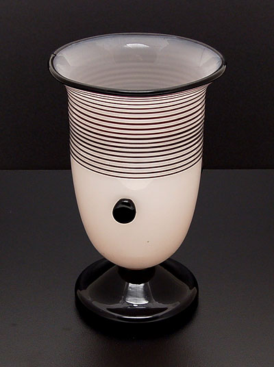  Opaque white glass vase with black applied stand three knobs and glasswire design attributed to Michael Powolny ca.1916 executed by Joh Loetz Witwe Klostermühle / Bohemia 