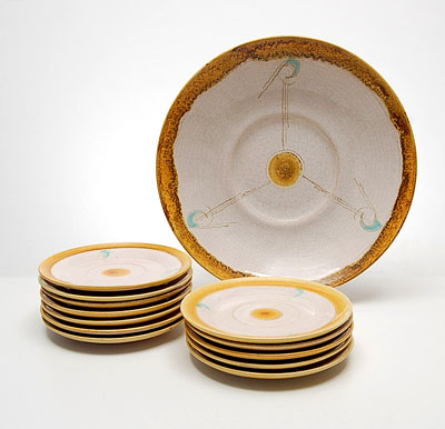  Earthenware pie-plate with 12 small plates model-design De Groot Steenwijk decoration is from Huizen executed by Eskaf / the Netherlands ca.1930 