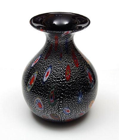  Glass vase with enclosed silver-folium parts and murrines clear glass overlay design executed by Michielotto 1988 Murano / Italy 