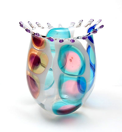  Free-blown coloured glass vase Patchwork fingers design executed by Annette Meech 1992 the Glasshouse Covent Garden / England 