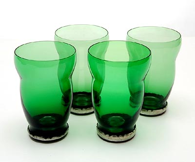  Green glass beakers 4x with pewter stand design Georg Nilsson executed by Gero the Netherlands ca.1930 