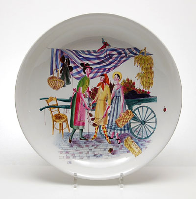  Polychrome painted plate with genre-painting decor-design Robert Raab 1955 executed by Nymphenburg / Germany 