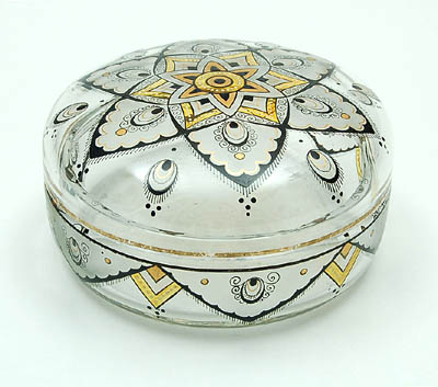  Glass box with cover with enamel-paint decoration design attributed to Adolf Beckert ca.1920 executed by Fachschule Steinschönau / Bohemia 