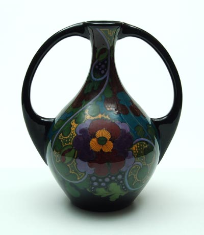  Earthenware vase with handles polychrome decoration of flowers BO decor executed by Ivora Gouda / the Netherlands ca.1920 