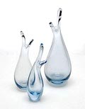  Light-blue beak-vases 3x design Per Lütken ca.1955 executed by Holmegaard / Denmark Height's 25,8 19,5 17,8 cm 