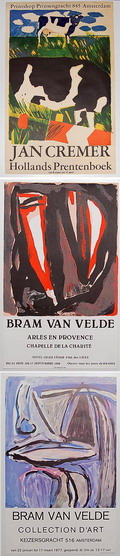  Drie tentoonstellings-affiches Jan Cremer 1x Bram van Velde 2x Jan Cremer Hollands Prentenboek Amsterdam 1977 85,5 cm hoog 45 cm breed Bram van Velde Arles en Provence 1978 68,5 cm hoog 42 cm breed Bram van Velde Collection d'Art Amsterdam 1977 62 cm hoog 38,5 cm breed 