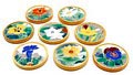  Set van 8 polychroom geglazuurde cloisonné onderzetters met bloemen ontwerp Dirk Zwanink 1923-'34 uitvoering Westraven / Utrecht 