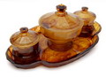  Amber Cloudglass toilettafel set op onderschotel uitvoering The Davidson Glass Company ca.1930 Gateshead / Engeland 