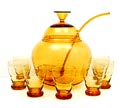  Amber glazen bowlstel Panacee bowlpot met deksel 7 bekers en bowllepel ontwerp W.J.Rozendaal 1931 uitvoering Kristalunie Maastricht 