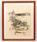  Pentekening met gezicht op de Rotterdamse haven Veerhaven uitvoering Rien Poortvliet 1966 