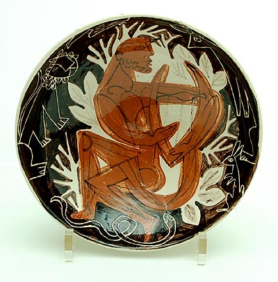 Handmade earthenware bowl with glazed decoration of mythological figure probably painted by Marcel Vertès executed by Madoura Vallauris / France ca.1950 Revised text 