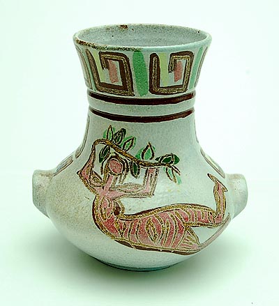 Handmade earthenware vase with polychrome decoration executed by Atelier Accolay Bourgogne / France ca.1950 