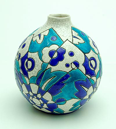 Earthenware vase with multi coloured glazed decoration with floral motives executed by Boch Keramis / Belgium 1929 