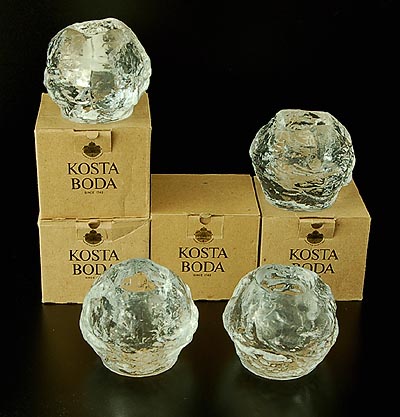Crystal candle-holders Hurricane 4x design Ann Wärff 1973 executed by Kosta Boda / Sweden on later date in original boxes 
