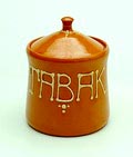 Glazed earthenware covered box with  geringeloorde  tube-lining  text  Tabak  design  G.Klinkenberg  executed by  Katwijk  / the Netherlands 1916-'30 