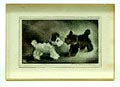 Miniatuur litho met voorstelling van pluche hondjes ontwerp uitvoering Boudewina Rahusen 1895-1977 Boudewina Rahusen was leerlinge van de Kunstnijverheidsschool in Haarlem waar zij les kreeg van o.a Samuel Jesserun de Mesquita 