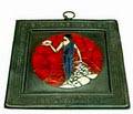 Koperen plaquette met polychroom geëmailleerde decoratie van vrouwenfiguur uitgevoerd voor de Alg.Ned.Metaalbewerkers Bond ontwerp Jan Eisenloeffel 1927 uitvoering onbekend 