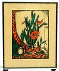 Kleuren houtsnede met afbeelding van bloeiende cactus ontwerp uitvoering Jan Schonk ca.1925 