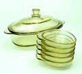 Ovale glazen dekschaal en 5 glazen schaaltjes ontwerp Wilhelm Wagenfeld 1938-'39 uitvoering Schott Jena Glas / Duitsland 