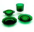 Pressed green glass parts of breakfast service 4x design  K.P.C.de Bazel  1920 executed by  Glasfabriek Leerdam  / the Netherlands 