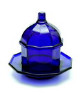 Cobolt blue glass covered marmalade jar on saucer design  K.P.C.de Bazel  1920 executed by  Glasfabriek Leerdam  / the Netherlands 