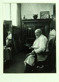  Silver print Jan Sluiter in studio 1948/1949 photographer Emmy Andriesse the Netherlands 1914 - 1953 print from 1975 by Wies Meesters photo is one of a series portraits from artists in their studio in order of the Stedelijk Museum Amsterdam in 1948 - 1949 this print was made for Galerie Fiolet for an exhibition in the van Gogh Museum Amsterdam / the Netherlands 1975 