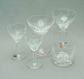 Servies Rubato 37 delig ontwerp A.D.Copier 1951 uitvoering Leerdam 10x bourgogne glas hoog 15 cm 6x cocktail glas hoog 13 cm 9x sherry glas hoog 12 cm 6x bitter glas hoog 11 cm 6x whisky beker hoog 10 cm 
